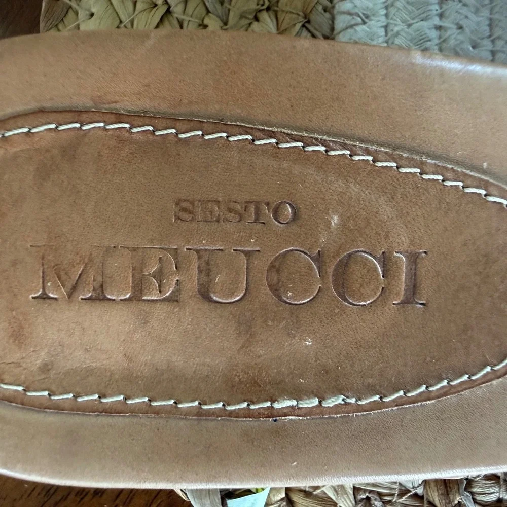 Sesto Meucci Womens Tan Woven Leather Wood Wedge Sandals Made in Italy Size 9